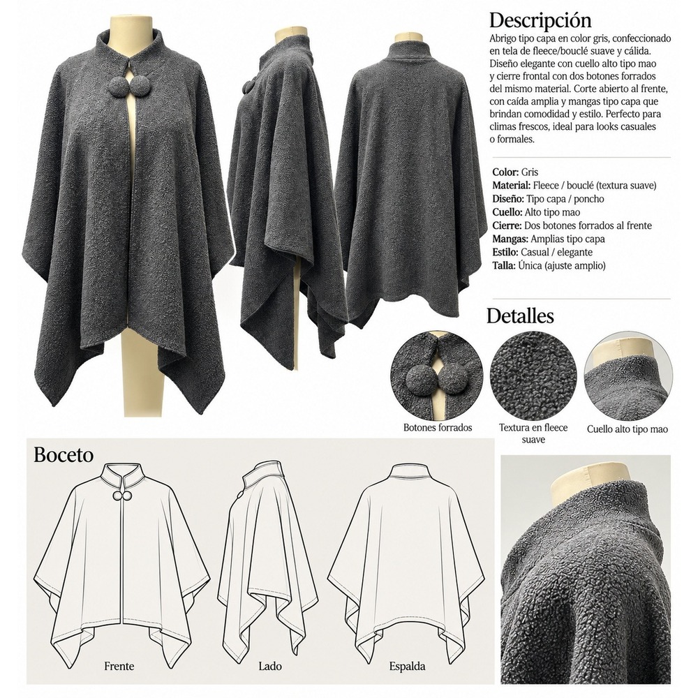 Abrigo Capa Gris de Fleece con Botones – T